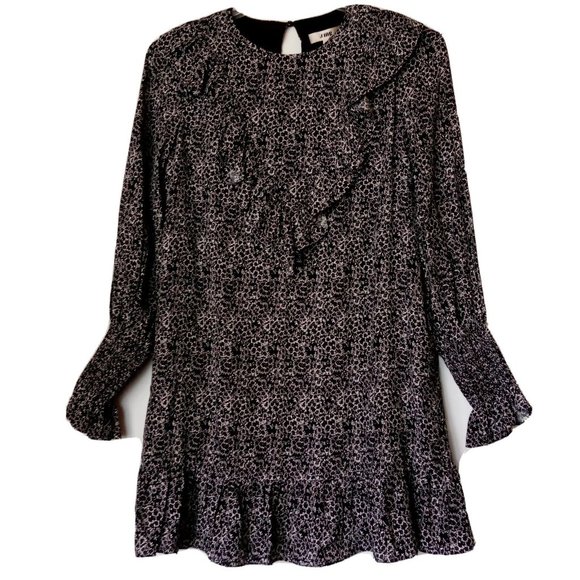 Floral Print Mini-Dress sz Medium Elastic Cuffs Ruffled Black/White J. ING NWT - Picture 1 of 10